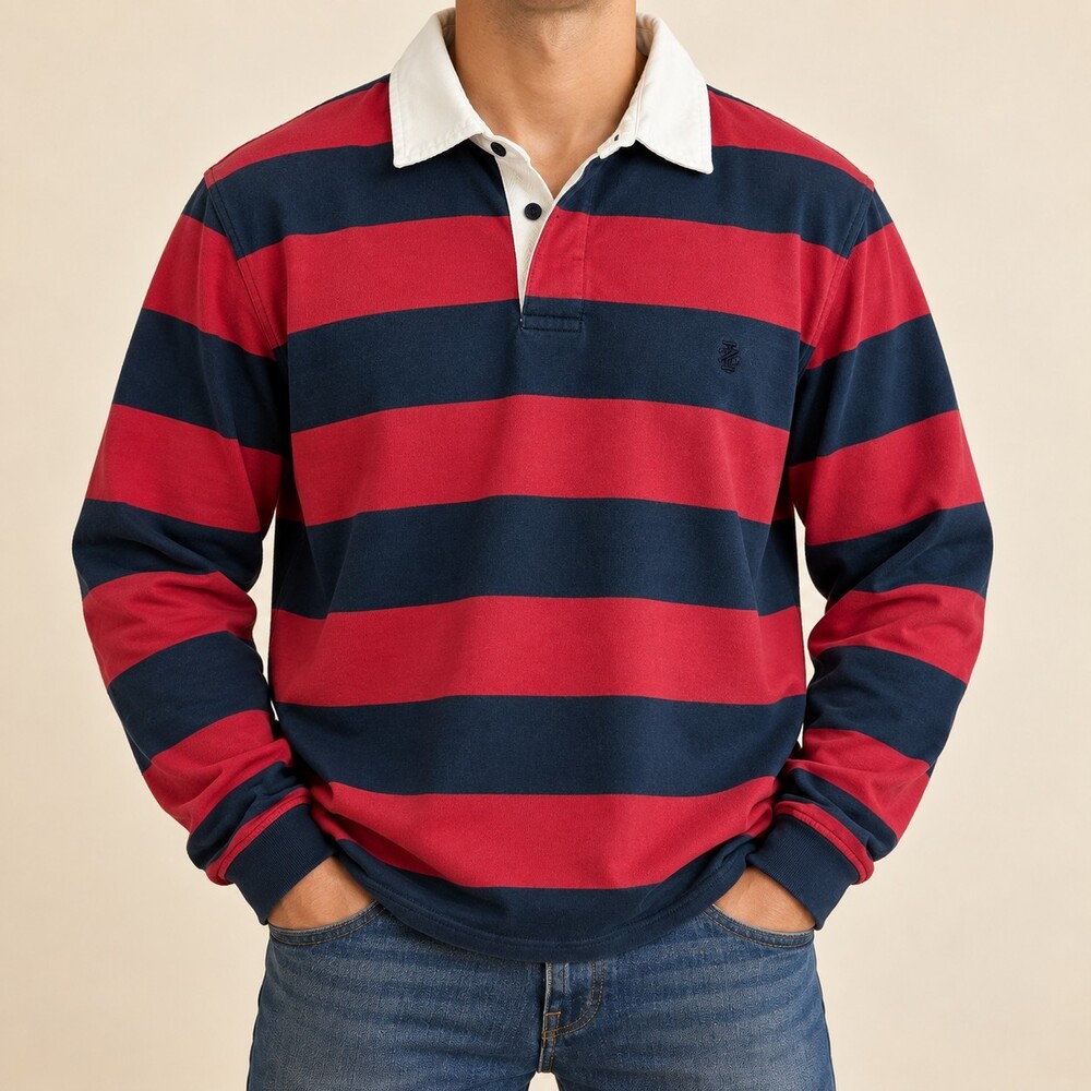 IZOD Men's Large Red Navy Blue Wide Stripe Rugby Shirt White Collar Long Sleeve